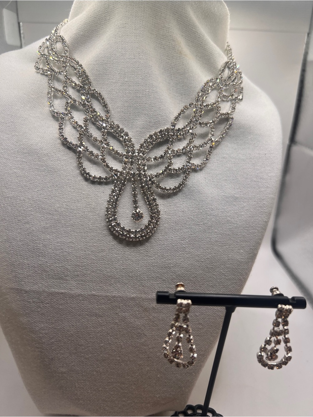 Bridal Jewelry Set Scalloped Rhinestone Bib Necklace/matching pierced Earrings